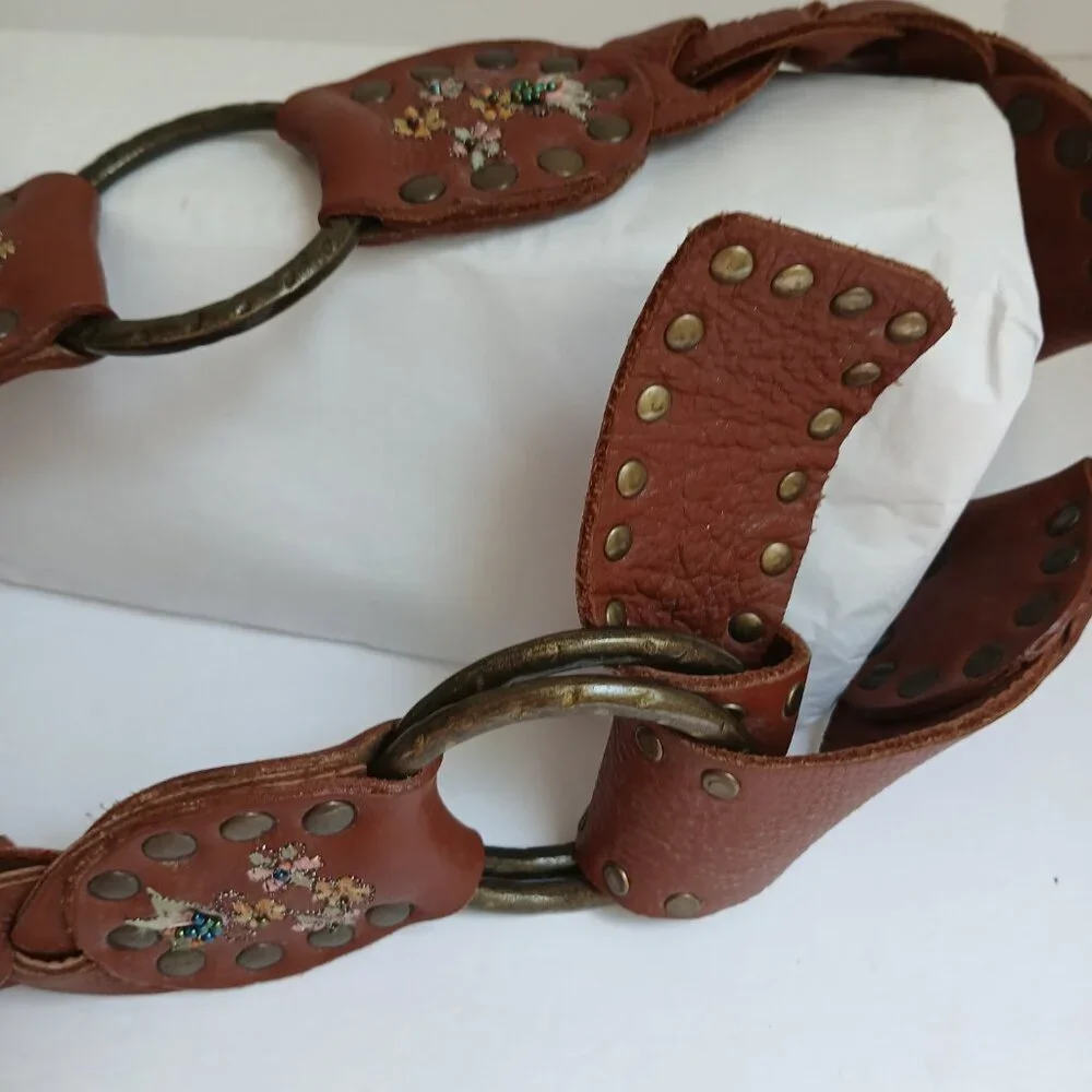 Vintage Brown  Studded Leather Embroidered Floral Beaded  Brass Ring Belt